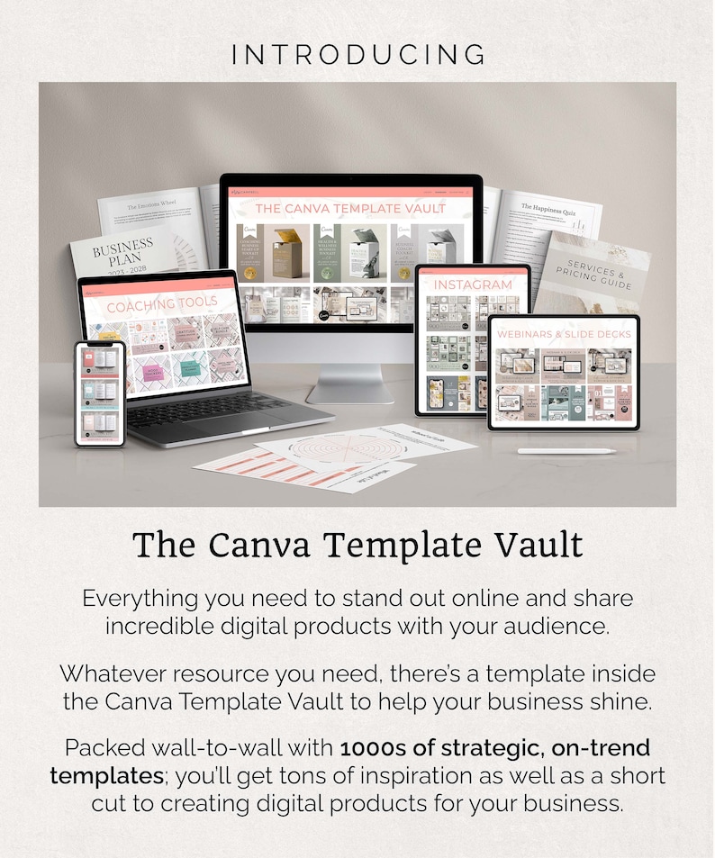 Canva Template Vault - professionally designed coaching tools, mental health resources, lead magnets, business plans, opt-in freebies, ebooks, workbooks, webinars, online courses plus Instagram, and other social media graphics. Create in minutes.