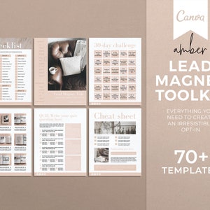 May include: A Canva lead magnet toolkit with 70+ templates. The toolkit includes a checklist, resources, a 30-day challenge, a quiz, and a cheat sheet. The toolkit is designed to help you create an irresistible opt-in.