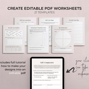 Self Care Bundle of Canva templates. Over 150 Canva template in US letter and A4 size. Pink pages of self care journal and iPad showing editable PDF worksheet.