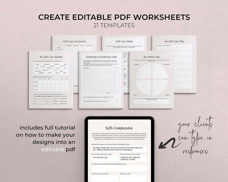 Self Care Bundle of Canva templates. Over 150 Canva template in US letter and A4 size. Pink pages of self care journal and iPad showing editable PDF worksheet.