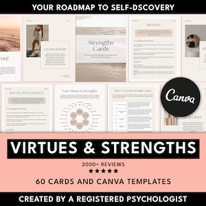Strength Cards Canva Templates, Positive Psychology Tool, Coaching Tool, Therapy Tool, Coaching Resources, Therapy Resources