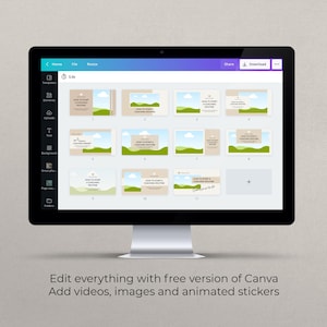 May include: A computer screen displaying a Canva design template for a social media post. The template features a green and blue landscape with the text "How to Start a Coaching Routine" and the number "1" in the bottom right corner. The screen also shows a menu bar with options for "Home", "File", "Resize", "Share", "Download", and "Templates", "Elements", "Uploads", "Text", "Background", "Grid", "Page", "Folders".