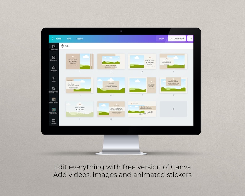 May include: A computer screen displaying a Canva design template for a social media post. The template features a green and blue landscape with the text "How to Start a Coaching Routine" and the number "1" in the bottom right corner. The screen also shows a menu bar with options for "Home", "File", "Resize", "Share", "Download", and "Templates", "Elements", "Uploads", "Text", "Background", "Grid", "Page", "Folders".