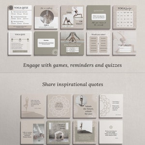 May include: A collection of social media post templates for yoga studios and instructors. The templates feature a variety of designs, including quizzes, inspirational quotes, and reminders. The templates are in a neutral color palette of beige and brown.