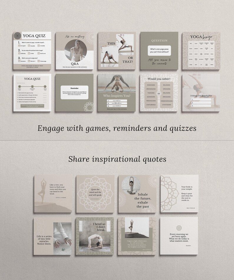 May include: A collection of social media post templates for yoga studios and instructors. The templates feature a variety of designs, including quizzes, inspirational quotes, and reminders. The templates are in a neutral color palette of beige and brown.
