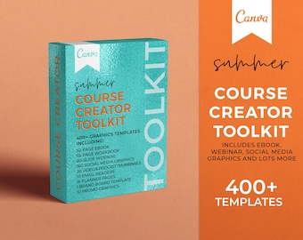 Puede incluir: Una caja turquesa con el texto "Canva Summer Course Creator Toolkit" y "400+ Graphics Templates" en la parte delantera. La caja incluye un libro electrónico, un seminario web, gráficos para redes sociales y mucho más.