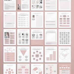 Pode incluir: Um caderno de trabalho imprim&iacute;vel rosa e branco com folhas de trabalho, gr&aacute;ficos e diagramas para defini&ccedil;&atilde;o de objetivos e planejamento. O caderno de trabalho inclui se&ccedil;&otilde;es para um desafio de 30 dias, um roteiro, um funil, um diagrama de roda, um gr&aacute;fico de barras, um diagrama de Venn, um mapa mental, um mapa de fluxo, um gr&aacute;fico circular e uma linha do tempo.