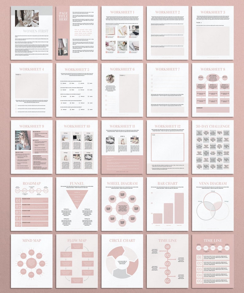 Pode incluir: Um caderno de trabalho imprim&iacute;vel rosa e branco com folhas de trabalho, gr&aacute;ficos e diagramas para defini&ccedil;&atilde;o de objetivos e planejamento. O caderno de trabalho inclui se&ccedil;&otilde;es para um desafio de 30 dias, um roteiro, um funil, um diagrama de roda, um gr&aacute;fico de barras, um diagrama de Venn, um mapa mental, um mapa de fluxo, um gr&aacute;fico circular e uma linha do tempo.