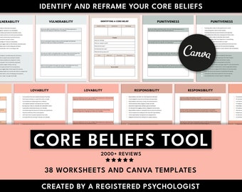 Core Beliefs Worksheets: Therapy CBT Canva Templates (PDF)