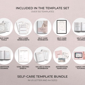 Self Care Bundle of Canva templates. Pink pages of self care tools, self-care worksheets, self-care trackers, gratitude journal, goal-setting sheets, values and vision workbooks, affirmation templates, self care journal and self care workbook