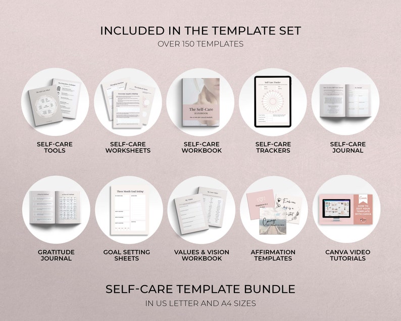 Self Care Bundle of Canva templates. Pink pages of self care tools, self-care worksheets, self-care trackers, gratitude journal, goal-setting sheets, values and vision workbooks, affirmation templates, self care journal and self care workbook