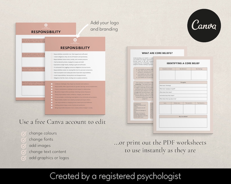 Core Beliefs Worksheets: Therapy CBT Canva Templates (PDF) - Etsy