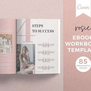 Pode incluir: Um modelo de caderno de exerc&iacute;cios de ebook rosa e branco com o texto "rosie EBOOK WORKBOOK TEMPLATE 85 MIX&MATCH PAGES" e uma mulher usando &oacute;culos e uma roupa rosa. O modelo tem um grande n&uacute;mero "4" e o texto "STEPS TO SUCCESS".