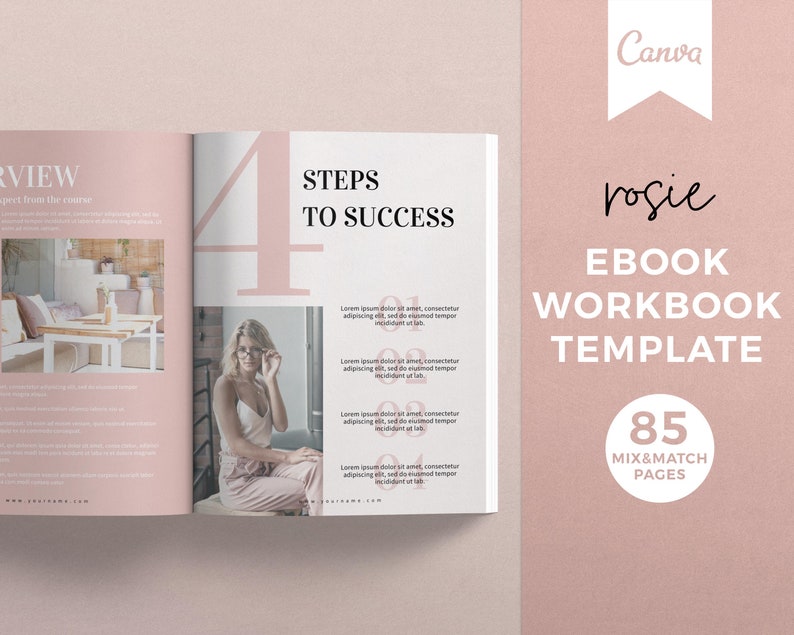 Pode incluir: Um modelo de caderno de exerc&iacute;cios de ebook rosa e branco com o texto "rosie EBOOK WORKBOOK TEMPLATE 85 MIX&MATCH PAGES" e uma mulher usando &oacute;culos e uma roupa rosa. O modelo tem um grande n&uacute;mero "4" e o texto "STEPS TO SUCCESS".