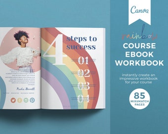 May include: A colorful workbook cover with a rainbow design and the text "steps to success" and "4". The cover also includes the text "rainbow course ebook workbook" and "instantly create an impressive workbook for your course". The bottom of the cover has the text "85 mix & match pages".