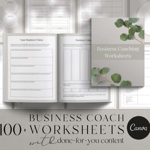 Peut inclure: Un ensemble de feuilles de travail d'entraînement commercial imprimables avec un fond gris et des feuilles vertes. Le texte "Business Coaching Worksheets" est au centre de l'image. Le texte "100+ Worksheets" est en bas de l'image.