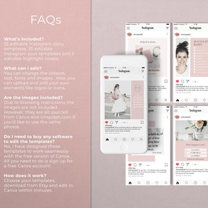 May include: A pink and white digital mockup of five Instagram post templates. The templates feature a variety of designs, including a floral pattern, a quote about love, and a checklist for happiness. The text on the templates includes "Today's Goal", "10 Ways to Be Happy", "What inspires you?", and "You already have everything you need to feel good."