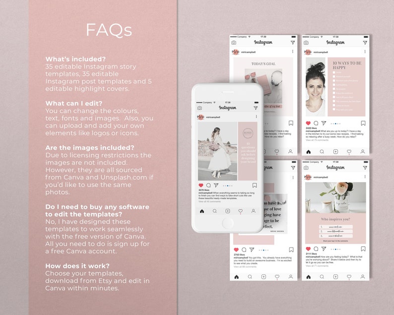 May include: A pink and white digital mockup of five Instagram post templates. The templates feature a variety of designs, including a floral pattern, a quote about love, and a checklist for happiness. The text on the templates includes "Today's Goal", "10 Ways to Be Happy", "What inspires you?", and "You already have everything you need to feel good."