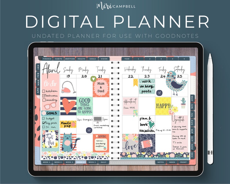 Digital Planner, Undated Digital Planner for GoodNotes, Digital Stickers, iPad Planner, Weekly Planner, Landscape Planner, INSTANT DOWNLOAD 