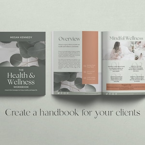 Health and wellness workbook Canva templates with content done for you. Health workbook template, wellness workbook template, health ebook template, wellness ebook template. Pale green ebook Canva templates for health and wellness. Health coach ebook