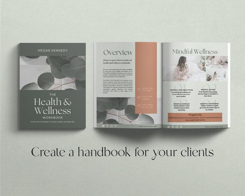 Health and wellness workbook Canva templates with content done for you. Health workbook template, wellness workbook template, health ebook template, wellness ebook template. Pale green ebook Canva templates for health and wellness. Health coach ebook