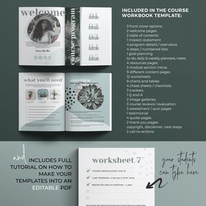 Puede incluir: Una plantilla de cuaderno de trabajo verde y blanco para un curso en l&iacute;nea. La plantilla incluye una p&aacute;gina de bienvenida, una descripci&oacute;n general, lo que necesitar&aacute;s y una hoja de trabajo. El texto "INCLUDED IN THE COURSE WORKBOOK TEMPLATE" est&aacute; en la parte superior de la p&aacute;gina. El texto "your students can type here" est&aacute; en la parte inferior de la p&aacute;gina.