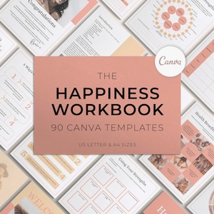 Happiness Workbook Canva Templates, Happiness Journal Templates, Mental Health Workbook, Self Care Workbook Canva Template Bundle