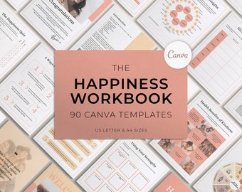 Happiness Workbook Canva Templates, Happiness Journal Templates, Mental Health Workbook, Self Care Workbook Canva Template Bundle