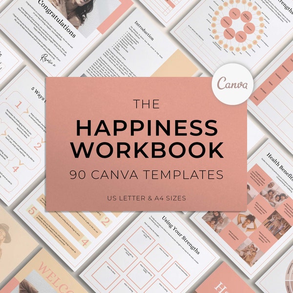 Happiness Workbook Canva Templates, Happiness Journal Templates, Mental Health Workbook, Self Care Workbook Canva Template Bundle