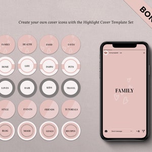 May include: A set of 16 pink and gray circle icons with text labels for Instagram highlights. The icons feature various themes, including family, health, food, faves, home, life, inspo, pets, loves, hair, kids, travel, style, events, friends, tutorials, blog, mood, goals, and recipes. The icons are designed to be used as highlight covers on Instagram.