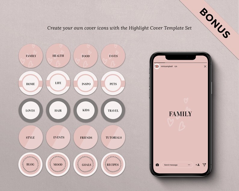 May include: A set of 16 pink and gray circle icons with text labels for Instagram highlights. The icons feature various themes, including family, health, food, faves, home, life, inspo, pets, loves, hair, kids, travel, style, events, friends, tutorials, blog, mood, goals, and recipes. The icons are designed to be used as highlight covers on Instagram.