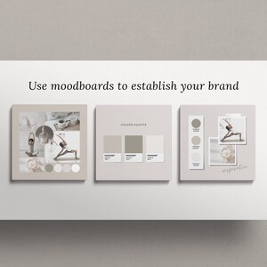May include: A mood board with a color palette and inspiration images. The color palette includes five shades of beige. The inspiration images feature a person doing yoga and other abstract images.