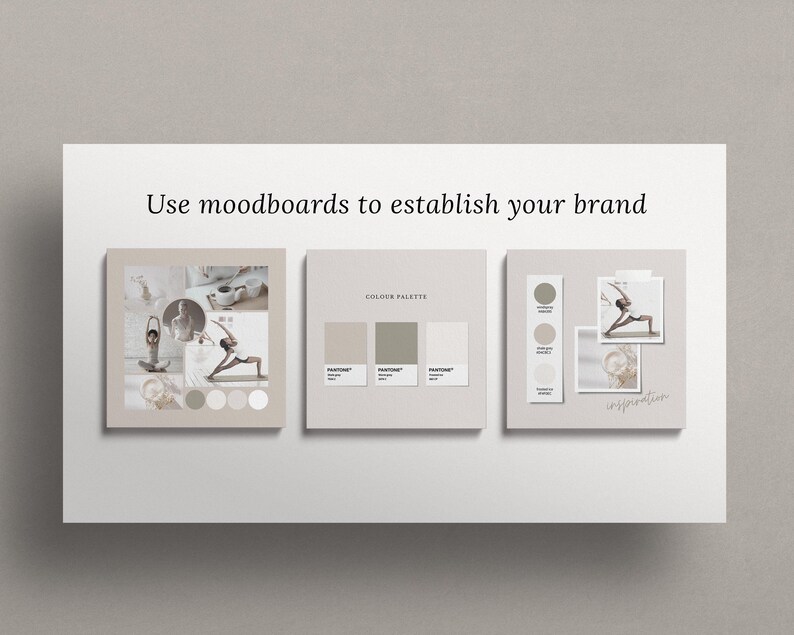 May include: A mood board with a color palette and inspiration images. The color palette includes five shades of beige. The inspiration images feature a person doing yoga and other abstract images.