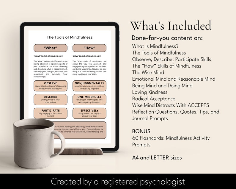 DBT Mindfulness tool, mindfulness resources, mindfulness worksheets, mindfulness workbook, canva templates, dbt resources, dbt tools, therapy worksheets, therapy tools, therapist worksheets, therapist resource, therapy business, miri campbell
