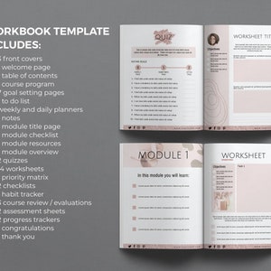 May include: A workbook template with a pink and white color scheme. The template includes a quiz, worksheets, and a module with a list of learning objectives. The text "WORKBOOK TEMPLATE INCLUDES:" is at the top of the page.