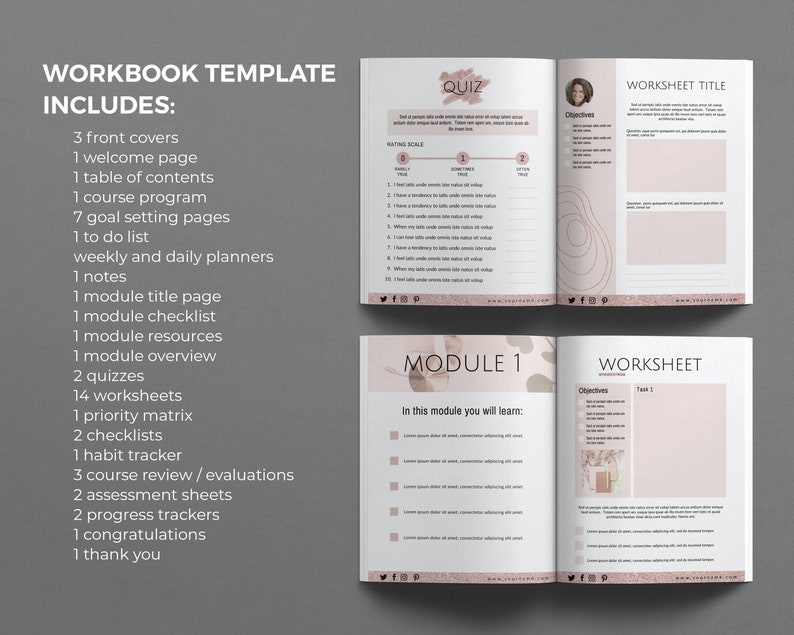 May include: A workbook template with a pink and white color scheme. The template includes a quiz, worksheets, and a module with a list of learning objectives. The text "WORKBOOK TEMPLATE INCLUDES:" is at the top of the page.