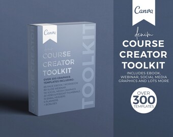 May include: A blue box with the text "Canva denim COURSE CREATOR TOOLKIT" and "OVER 300 TEMPLATES" on it. The box includes an ebook, webinar, social media graphics, and lots more.