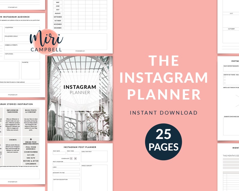 May include: A printable Instagram planner with 25 pages. The planner includes sections for Instagram audience, stories inspiration, post planner, and monthly content calendar. The planner is designed with a modern aesthetic and features a botanical illustration of a greenhouse.