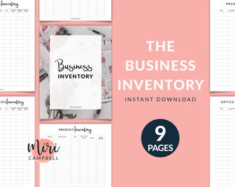 May include: A printable business inventory template with nine pages. The template includes sections for product inventory, packing, and office supplies. The template is designed to help businesses track their inventory and manage their supplies.