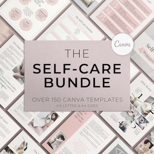 Self Care Bundle of Canva templates. Over 150 Canva template in US letter and A4 size. Pink pages of self care journal and self care workbook arranged over image.