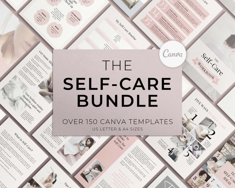 Self Care Bundle of Canva templates. Over 150 Canva template in US letter and A4 size. Pink pages of self care journal and self care workbook arranged over image.