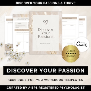 May include: A digital workbook bundle titled "Discover Your Passions" featuring a heart icon. The bundle includes worksheets for identifying your purpose, skill gap analysis, and energy levels. The workbook is made in Canva and has over 2000 reviews.