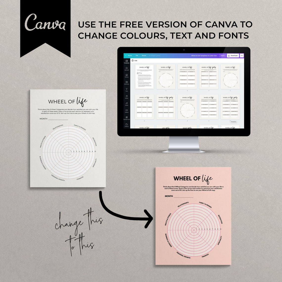 Wheel of Life Worksheet Template Canva Template Life Balance | Etsy