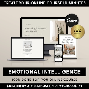 Op de afbeelding: Een digitale marketingafbeelding die een online cursus over emotionele intelligentie promoot. De afbeelding toont een laptop, een desktopcomputer en een smartphone waarop de cursustitel "Mastering Emotional Intelligence" wordt weergegeven. De cursus wordt beschreven als een 100% kant-en-klare online cursus die is gemaakt door een BPS-geregistreerde psycholoog.