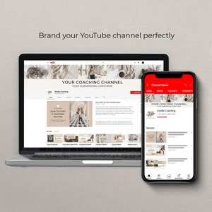 May include: A laptop and a mobile phone showing a YouTube channel page with the text "Your Coaching Channel" and "Estelle Coaching". The channel has a beige and brown colour scheme with a photo of a woman in a hallway as the background image.