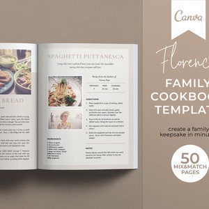 Puede incluir: Una plantilla de libro de cocina con un fondo beige y un círculo blanco con el texto "50 MIX&MATCH PAGES". El texto "Florence FAMILY COOKBOOK TEMPLATE" está en un cuadro blanco con un contorno negro. El texto "create a family keepsake in minutes" está debajo del cuadro blanco. La imagen también muestra una página de un libro de cocina con una receta de Spaghetti Puttanesca. La receta incluye ingredientes, instrucciones y notas.