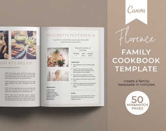 Plantilla de recetario familiar: 50 páginas de recetas, ebook de Canva (descarga digital)