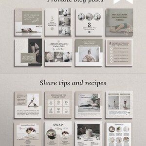 May include: A collage of Instagram post templates for promoting a yoga blog. The templates feature images of yoga poses, text about yoga benefits, and recipes for healthy food. The text includes phrases like "How yoga can give your body a reset", "3 yoga poses for strength", "5 minute evening yoga poses for relaxation", "Best yoga poses for correcting posture", "Why should you take up yoga?", "Chaturanga", "Summer fruit salad", "Swap", "Coconut smoothie", and "Resources".