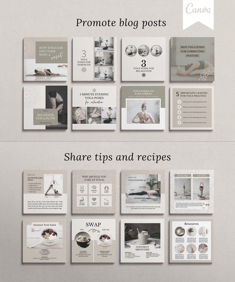 May include: A collage of Instagram post templates for promoting a yoga blog. The templates feature images of yoga poses, text about yoga benefits, and recipes for healthy food. The text includes phrases like "How yoga can give your body a reset", "3 yoga poses for strength", "5 minute evening yoga poses for relaxation", "Best yoga poses for correcting posture", "Why should you take up yoga?", "Chaturanga", "Summer fruit salad", "Swap", "Coconut smoothie", and "Resources".