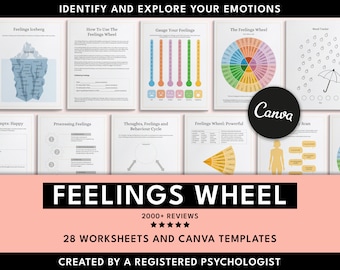 Feelings Wheel Canva Templates: Mental Health Worksheets, Therapy Tools